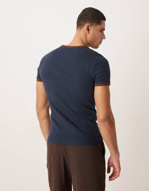 ASOS DESIGN muscle fit T-shirt with contrast panels in navy rib, 3 of 5