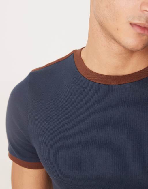 ASOS DESIGN muscle fit T-shirt with contrast panels in navy rib, 5 of 5