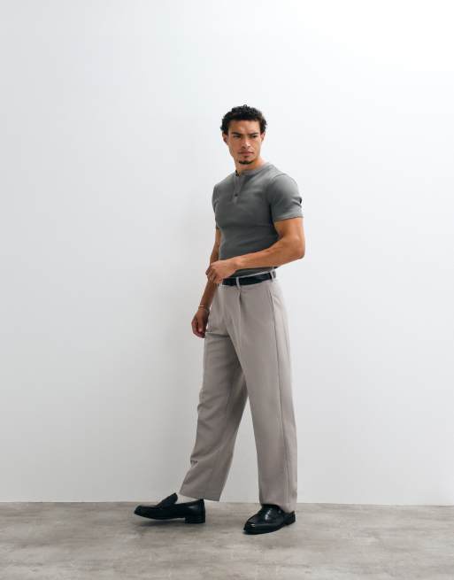 ASOS DESIGN muscle fit t-shirt with contrast placket henley neck in charcoal rib, 3 of 5
