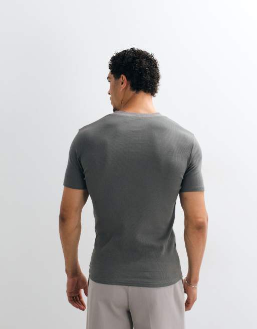 ASOS DESIGN muscle fit t-shirt with contrast placket henley neck in charcoal rib, 4 of 5