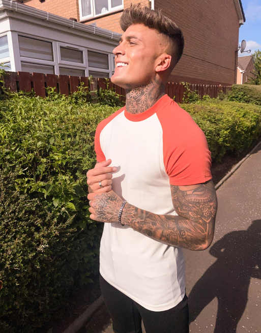 ASOS DESIGN muscle fit t-shirt with contrast raglan sleeves in white and red
