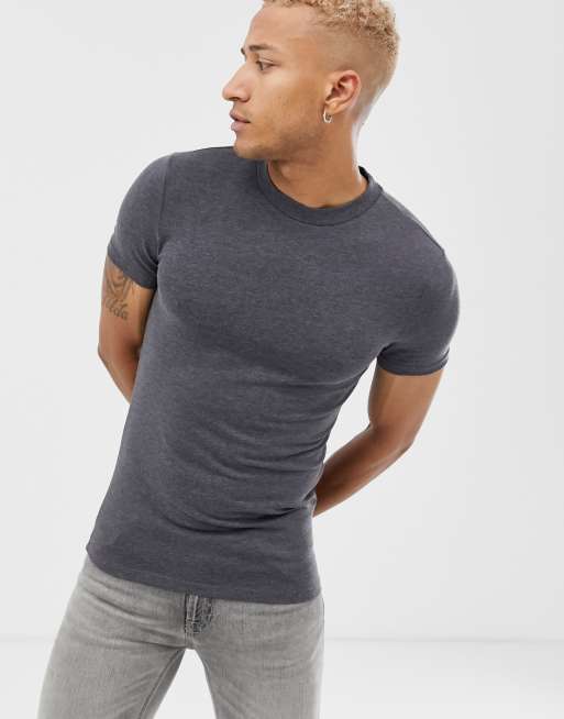 ASOS muscle fit t-shirt with crew neck in charcoal marl | ASOS