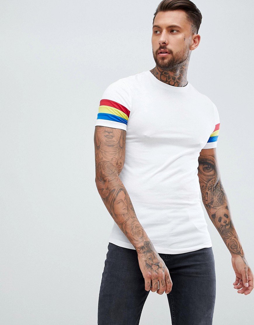 ASOS DESIGN muscle fit t-shirt with curved hem and bright sleeve stripe-White