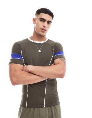 ASOS DESIGN muscle fit t-shirt with cut and sew detail in brown