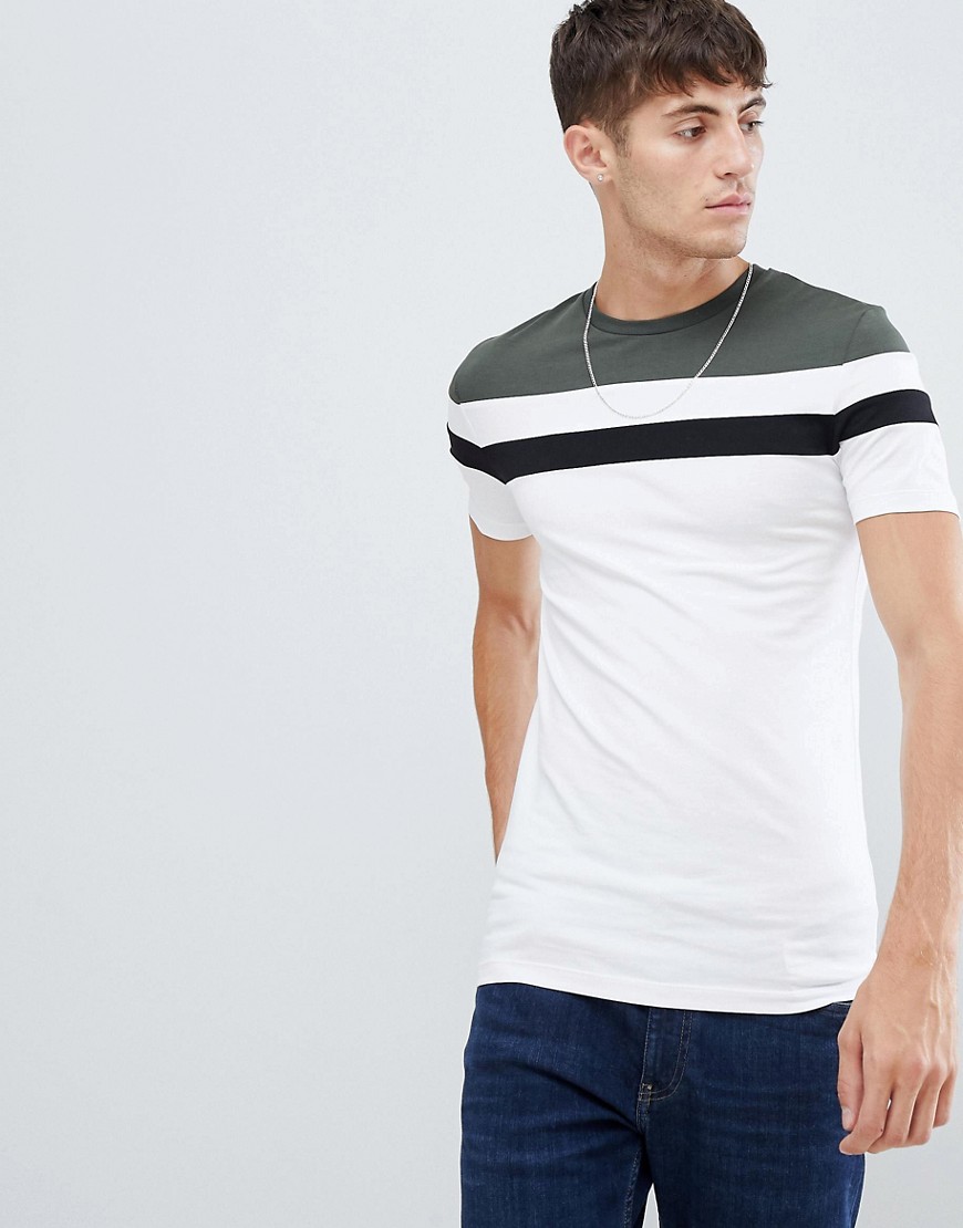 ASOS DESIGN muscle fit t-shirt with cut and sew panels in white