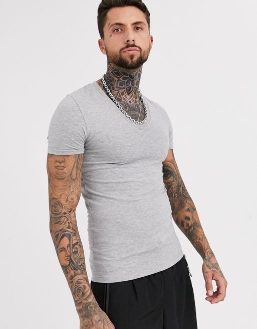 ASOS DESIGN muscle fit t-shirt with deep v neck in grey marl | ASOS