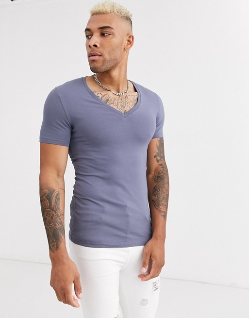 ASOS DESIGN muscle fit t-shirt with deep v neck in grey