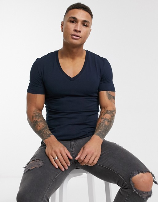 ASOS DESIGN muscle fit t-shirt with deep v neck in navy