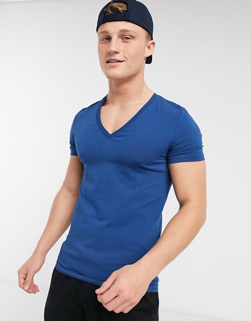 ASOS DESIGN muscle fit t-shirt with deep v neck in navy