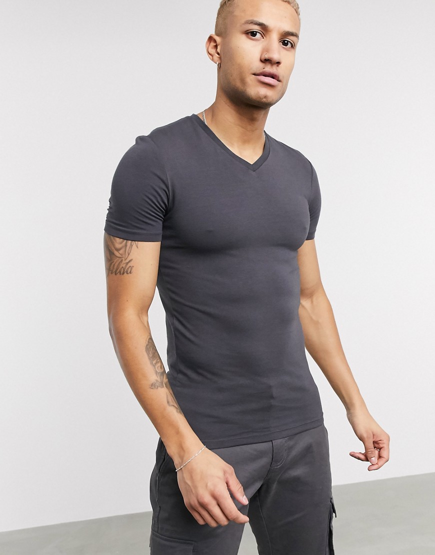 ASOS DESIGN muscle fit t-shirt with deep v neck in washed black-Grey