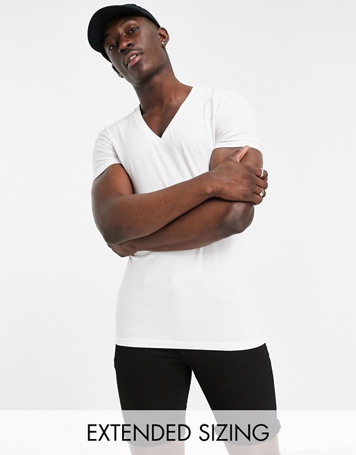 ASOS DESIGN cotton blend muscle fit t-shirt with deep v neck in white - WHITE