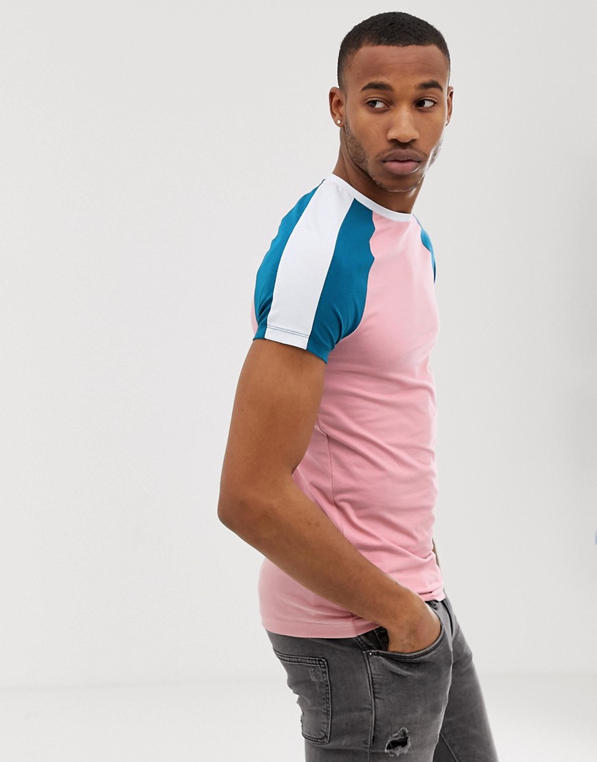 ASOS DESIGN muscle fit t-shirt with double contrast raglan-Pink
