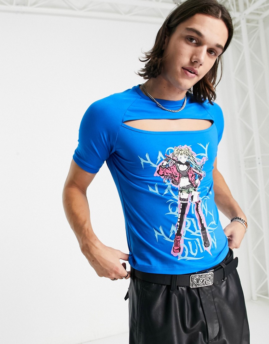 ASOS DESIGN muscle fit t-shirt with Harley Quin print in blue