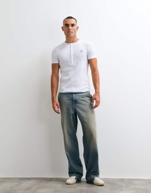 ASOS DESIGN muscle fit t-shirt with henley and logo in white smart rib, 2 of 5