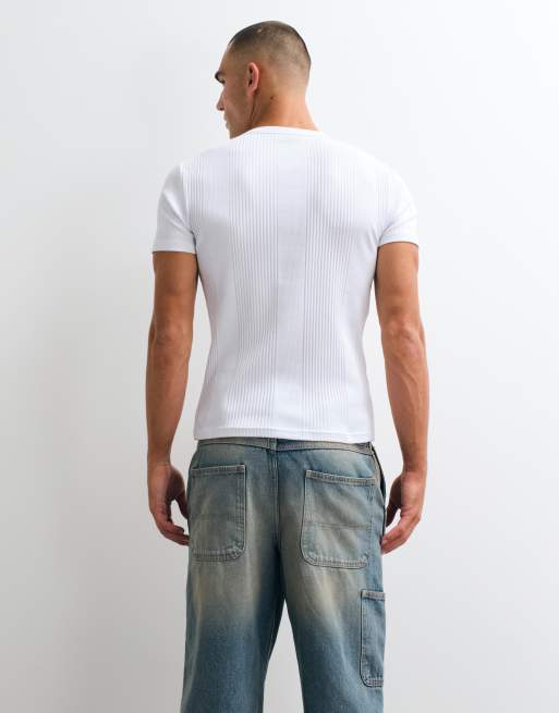 ASOS DESIGN muscle fit t-shirt with henley and logo in white smart rib, 4 of 5