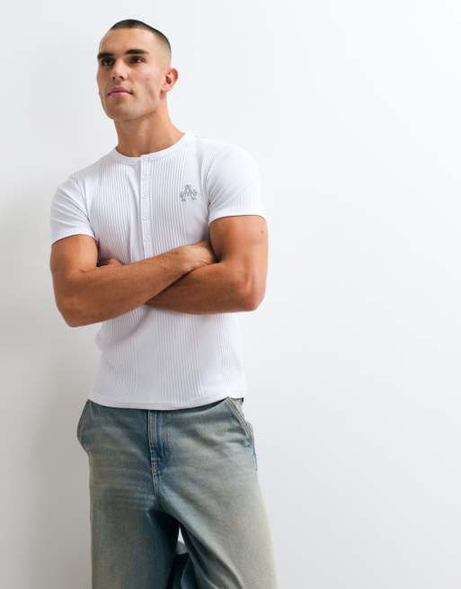 ASOS DESIGN muscle fit t-shirt with henley and logo in white smart rib, 5 of 5