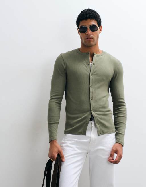 ASOS DESIGN muscle fit t-shirt with henley button through in khaki rib, 5 of 5