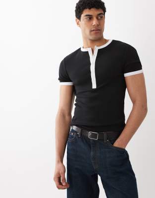 Asos Design Muscle Fit T-shirt With Henley Neck And Contrast Detail In Multi