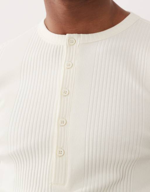 ASOS DESIGN muscle fit t-shirt with henley neck and deep cuff in cream smart rib, 3 of 5