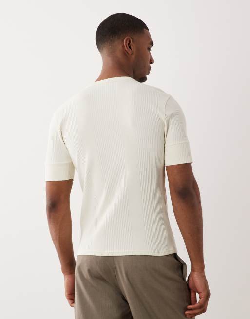 ASOS DESIGN muscle fit t-shirt with henley neck and deep cuff in cream smart rib, 4 of 5