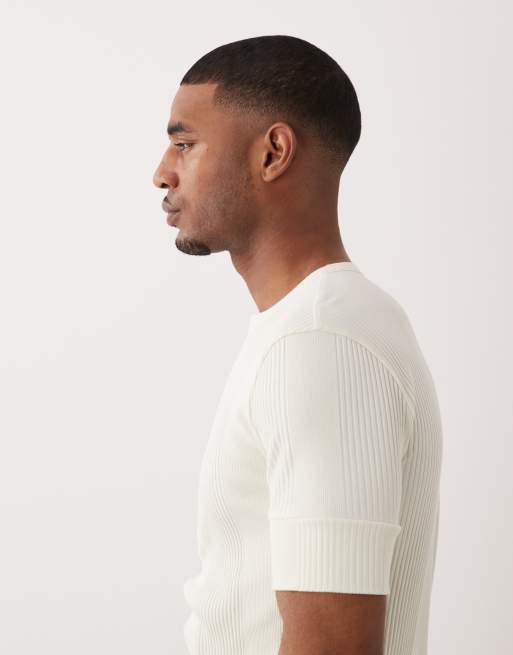 ASOS DESIGN muscle fit t-shirt with henley neck and deep cuff in cream smart rib, 5 of 5