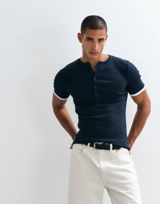 Asos Design Muscle Fit T-shirt With Henley Neck And Double Layer Effect In Blue