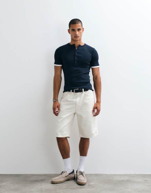 ASOS DESIGN muscle fit t-shirt with henley neck and double layer effect in navy rib knit, 2 of 5