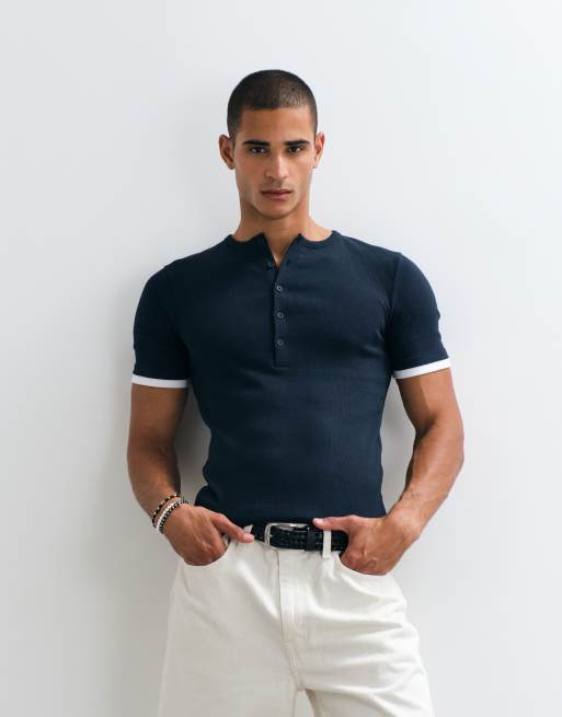 ASOS DESIGN muscle fit t-shirt with henley neck and double layer effect in navy rib knit, 4 of 5