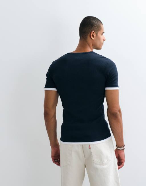 ASOS DESIGN muscle fit t-shirt with henley neck and double layer effect in navy rib knit, 5 of 5