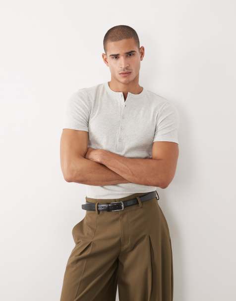 ASOS DESIGN muscle fit t-shirt with henley neck in beige marl rib - view 1