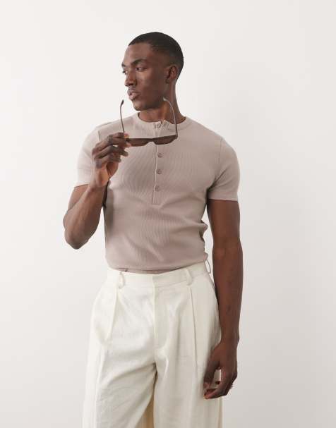 ASOS DESIGN muscle fit t-shirt with henley neck in beige rib - view 1