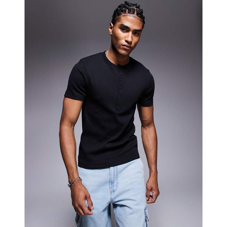 Tシャツ・カットソー IONSEOUL Henry Neck Muscle Fit Raglan Ribbed Knit JE968 194 SUVIN PLATINUM Henley Neck Knit T-shirt | ＋CLOTHET ONLINE
