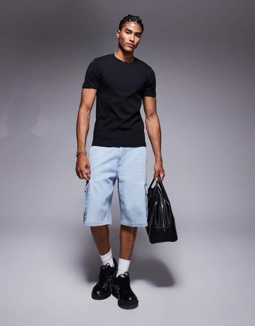 Tシャツ・カットソー IONSEOUL Henry Neck Muscle Fit Raglan Ribbed Knit JE968 ASOS DESIGN muscle fit T-shirt with henley neck in black rib