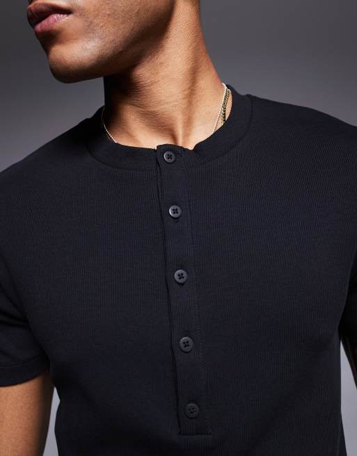 ASOS DESIGN muscle fit t-shirt with henley neck in black rib , 4 of 4