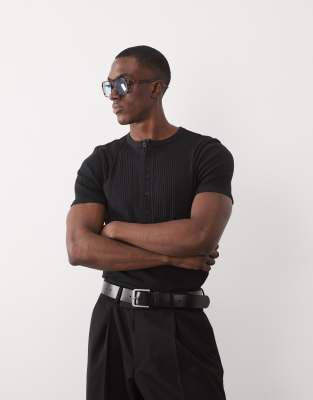 muscle fit T-shirt with henley neck in black smart rib