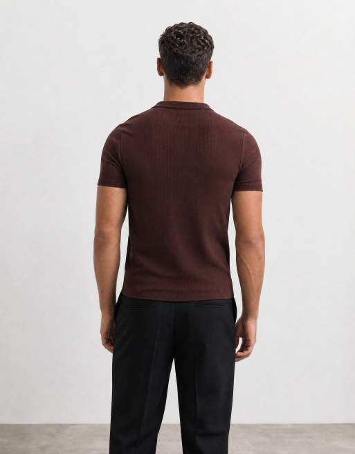 ASOS DESIGN muscle fit t-shirt with henley neck in brown rib, 8 of 10