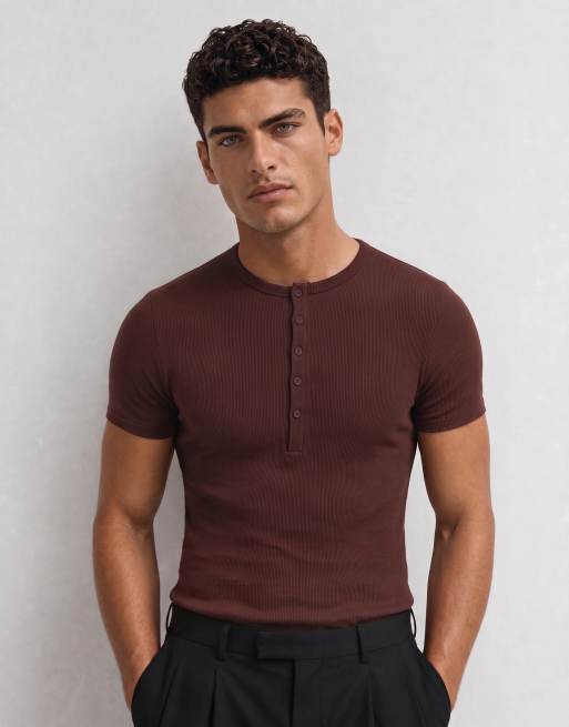 ASOS DESIGN muscle fit t-shirt with henley neck in brown rib, 9 of 10