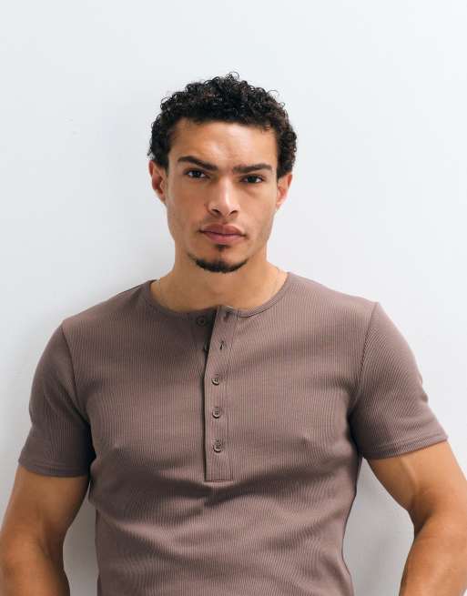ASOS DESIGN muscle fit t-shirt with henley neck in brown, 3 of 5