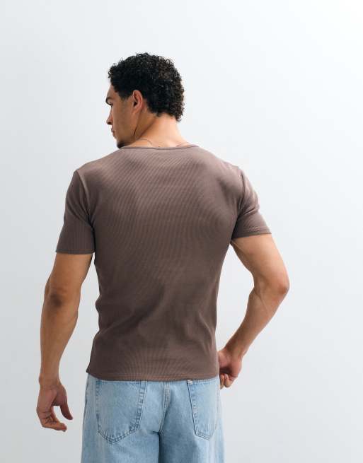 ASOS DESIGN muscle fit t-shirt with henley neck in brown, 4 of 5