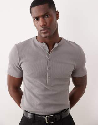 Asos Design Muscle Fit T-shirt With Henley Neck In Gray