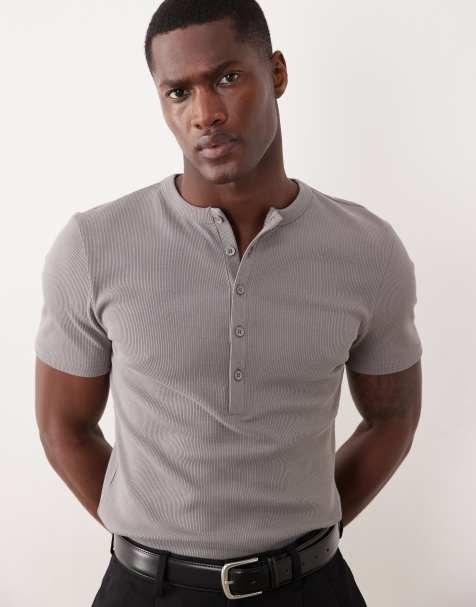ASOS DESIGN muscle fit t-shirt with henley neck in charcoal rib