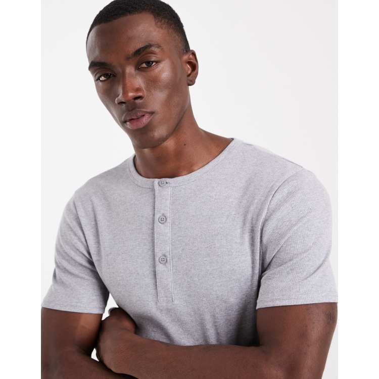 ASOS DESIGN muscle fit t-shirt with henley neck in grey marl rib