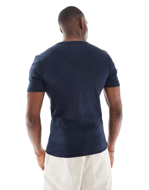 ASOS DESIGN muscle fit t-shirt with henley neck in navy rib  , 2 of 4