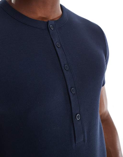 ASOS DESIGN muscle fit t-shirt with henley neck in navy rib  , 3 of 4
