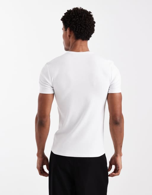 ASOS DESIGN muscle fit t-shirt with henley neck in white rib , 3 of 5