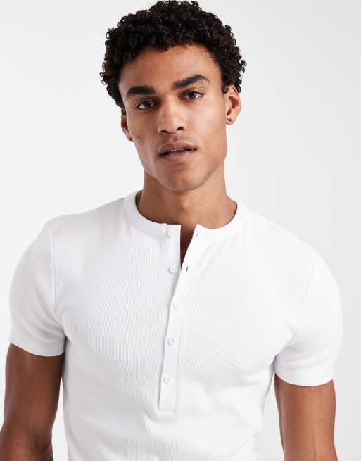 ASOS DESIGN muscle fit t-shirt with henley neck in white rib , 5 of 5