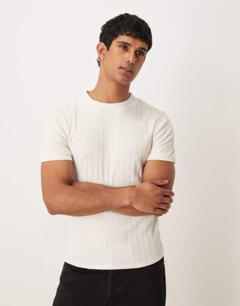 ASOS DESIGN muscle fit t-shirt with high neck in cream texture