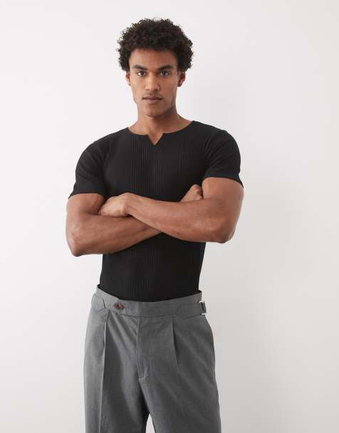 ASOS DESIGN muscle fit T-shirt with notch neck in black smart rib - view 1