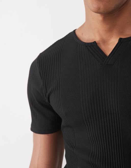 ASOS DESIGN muscle fit T-shirt with notch neck in black smart rib, 3 of 5
