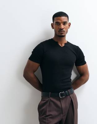 Asos Design Muscle Fit T-shirt With Notch Neck In Black